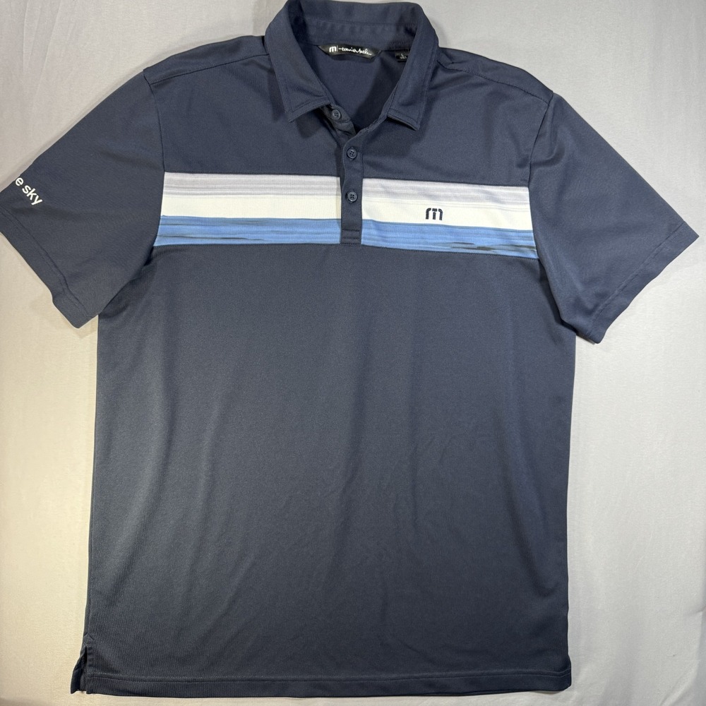 TravisMathew Polo Mens Large Navy Blue Striped Blue Sky Golf Performance Shirt